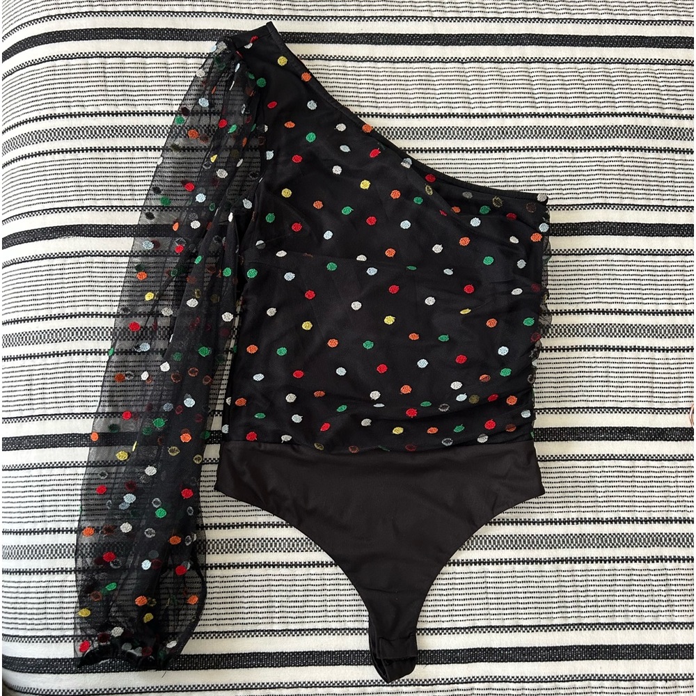 Camila Coelho Black Polka Dot One Shoulder Long Sleeve Bodysuit